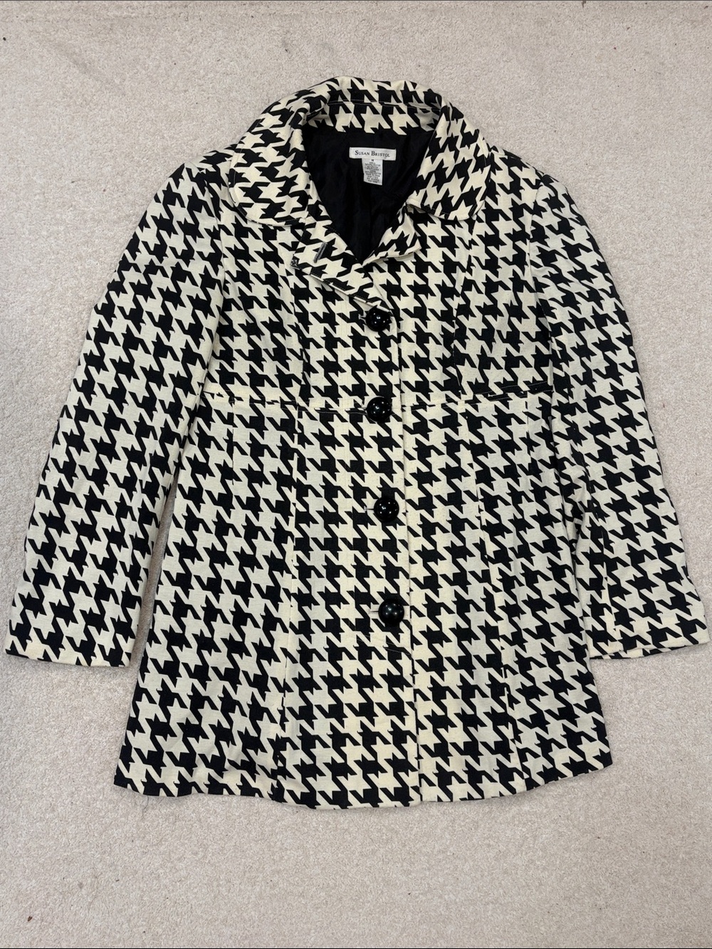 Susan Bristol Ivory Houndstooth Notch-Collar Pea Coat